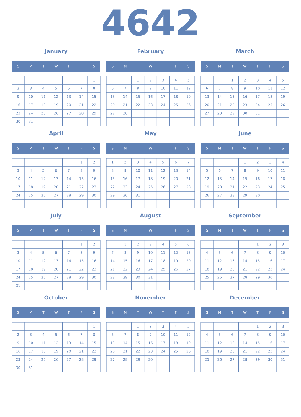 Printable 4642 Year Calendars glaucous