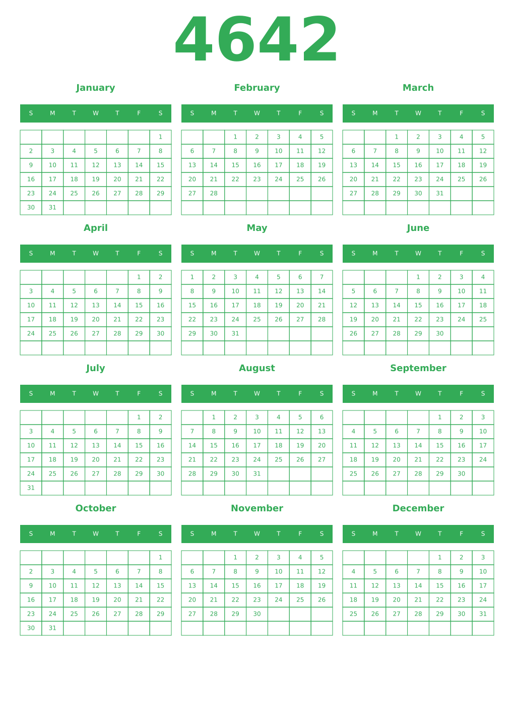 Printable 4642 Year Calendars green