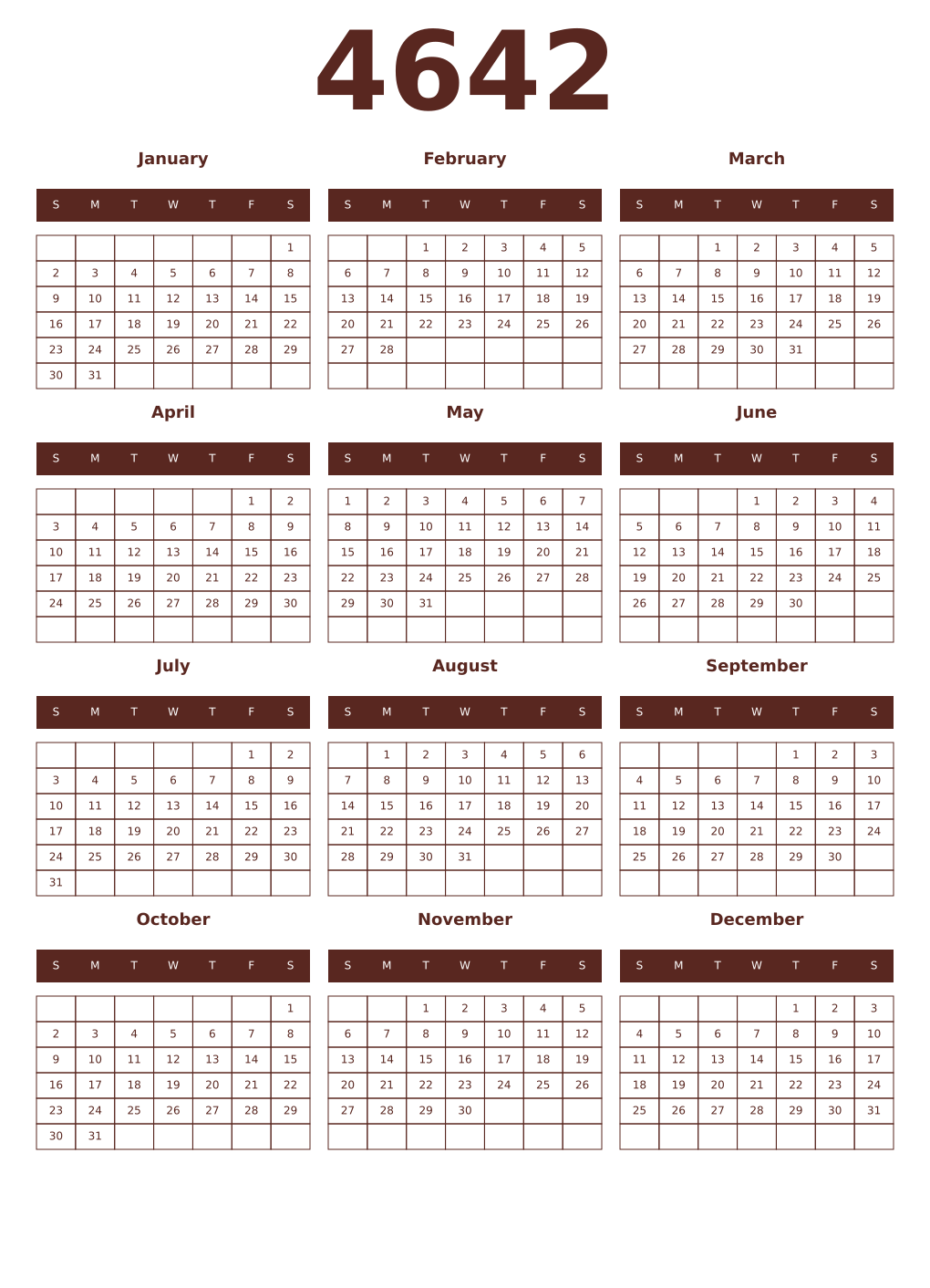 Printable 4642 Year Calendars mortuum