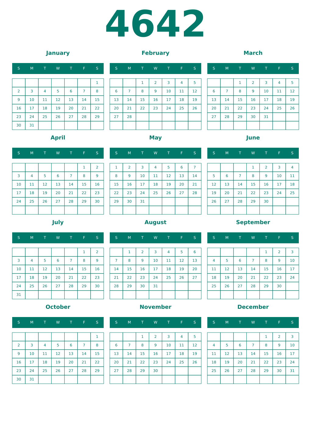 Printable 4642 Year Calendars pastel