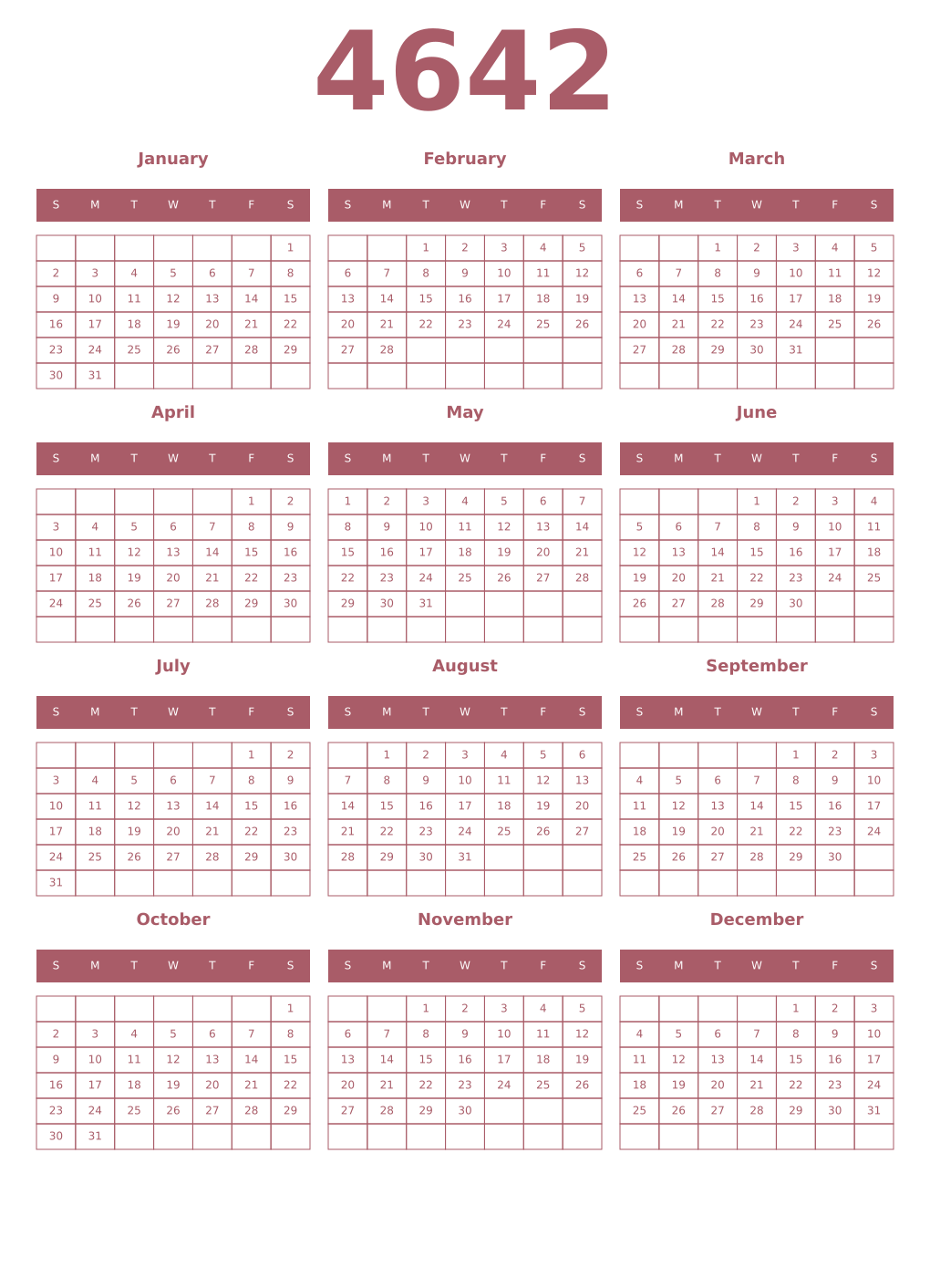 Printable 4642 Year Calendars puce