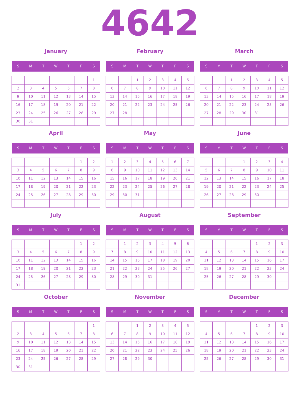 Printable 4642 Year Calendars purple