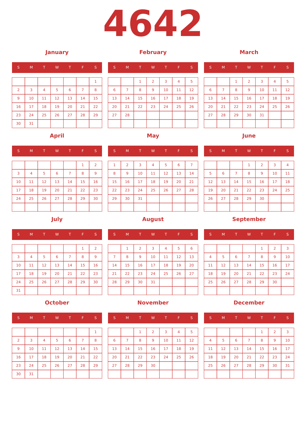 Printable 4642 Year Calendars red