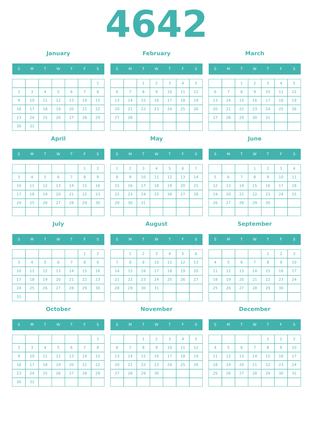 Printable 4642 Year Calendars verdigris