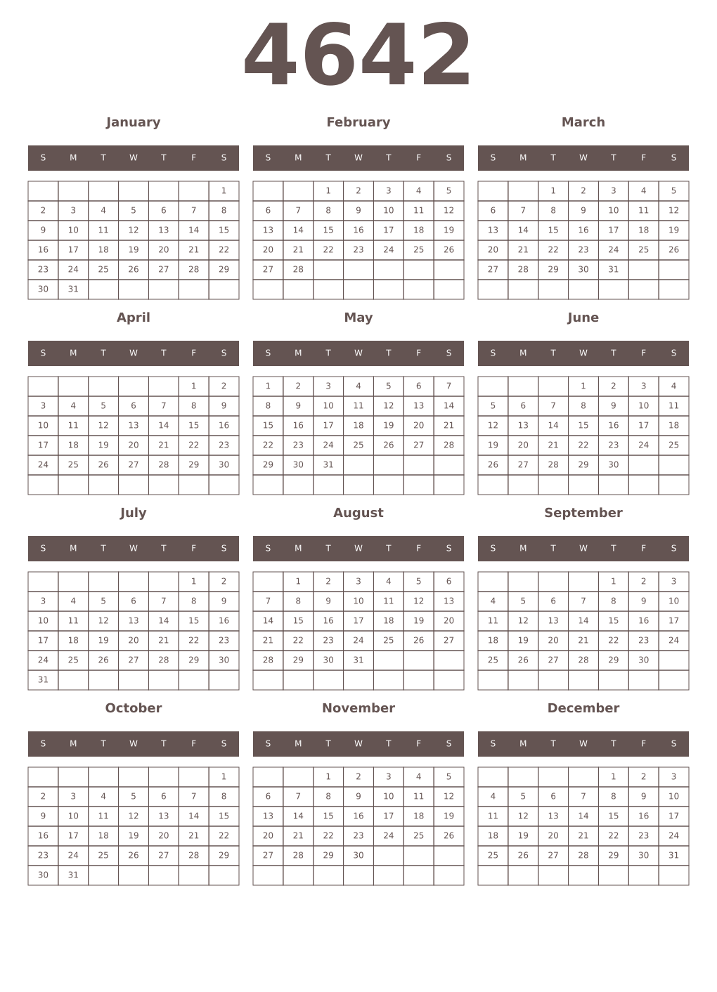 Printable 4642 Year Calendars wenge
