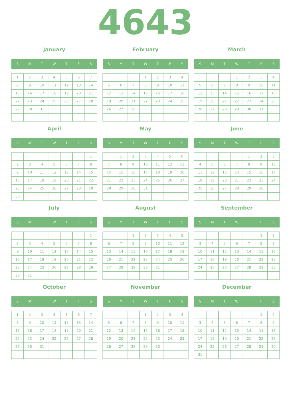 Printable 4643 Year Calendars celadon