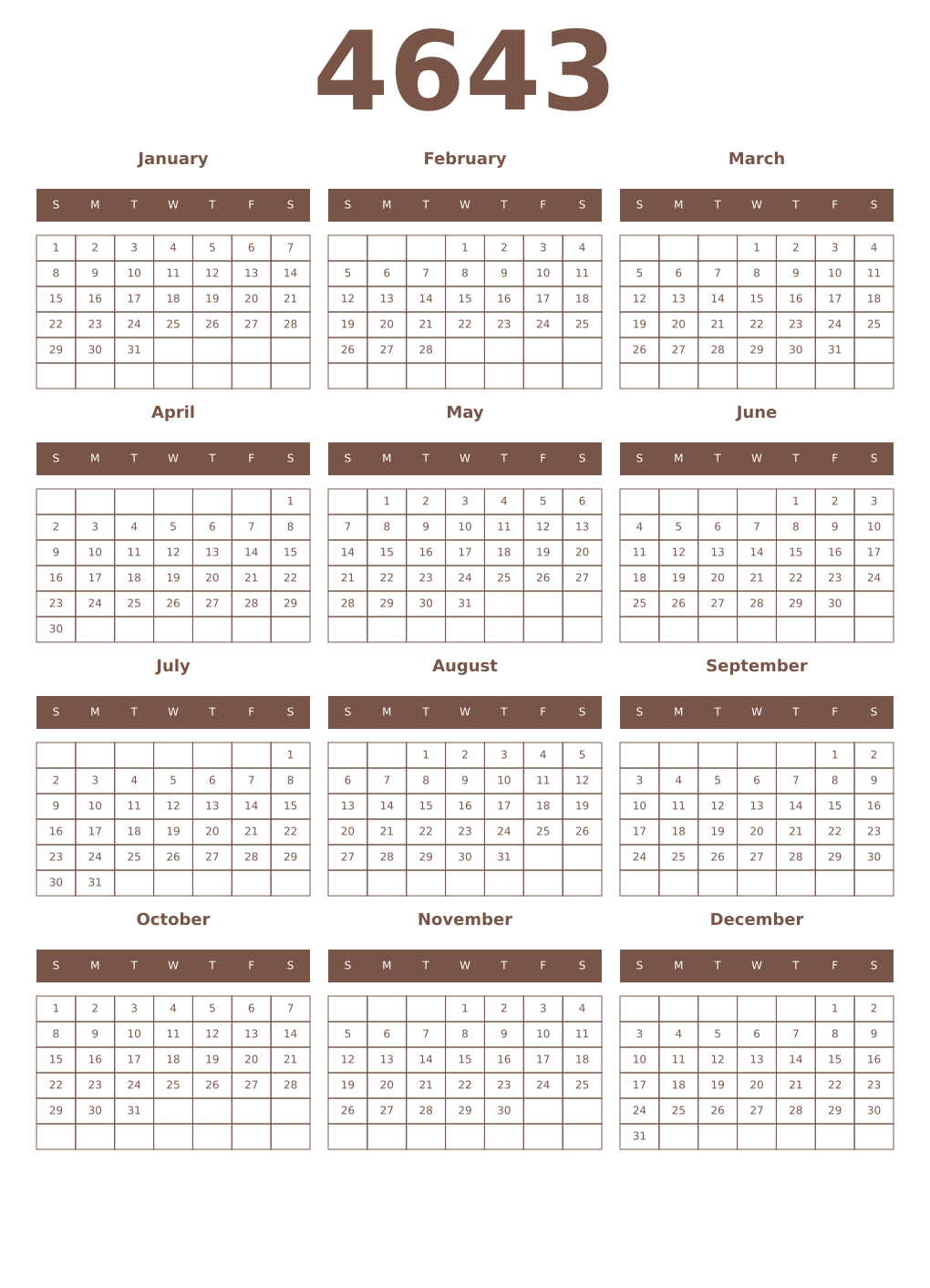 Printable 4643 Year Calendars coffe