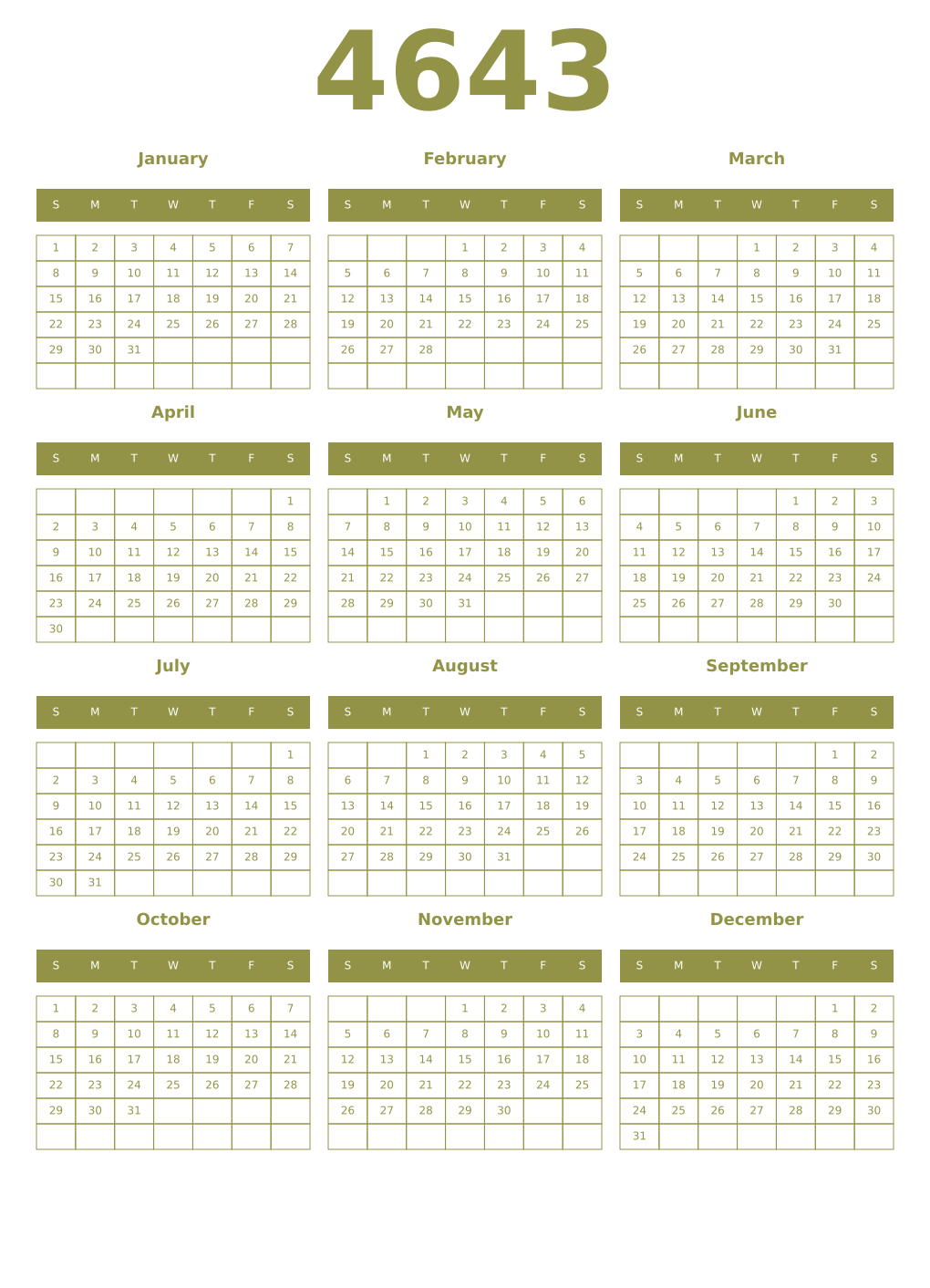 Printable 4643 Year Calendars eburnean