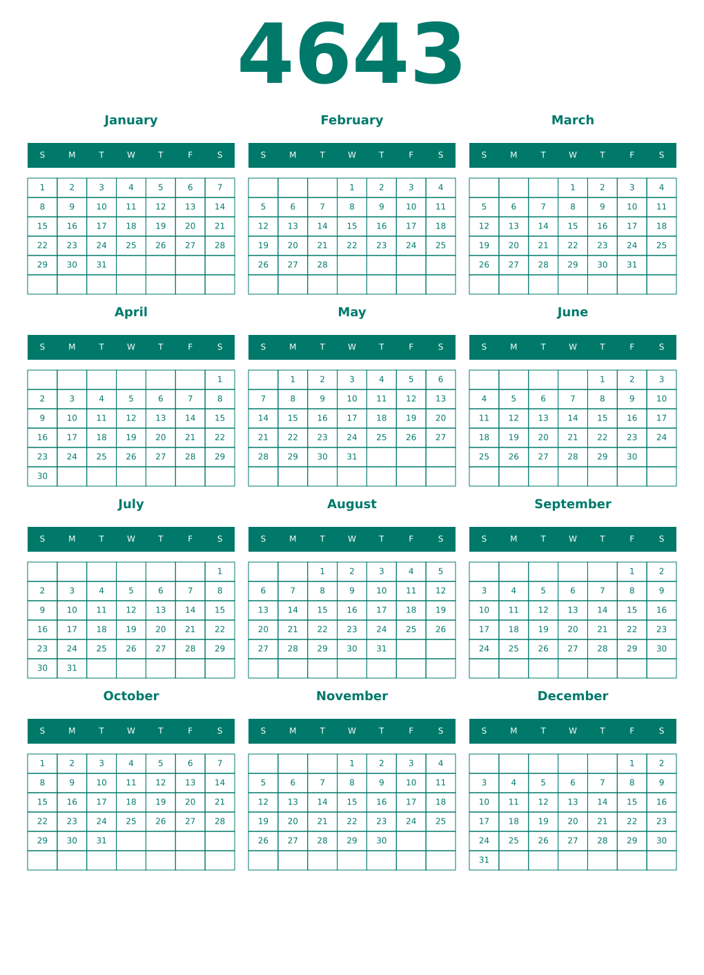 Printable 4643 Year Calendars pastel