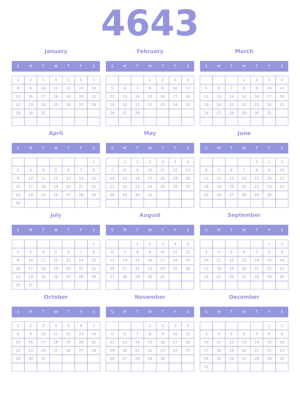 Printable 4643 Year Calendars periwinkle