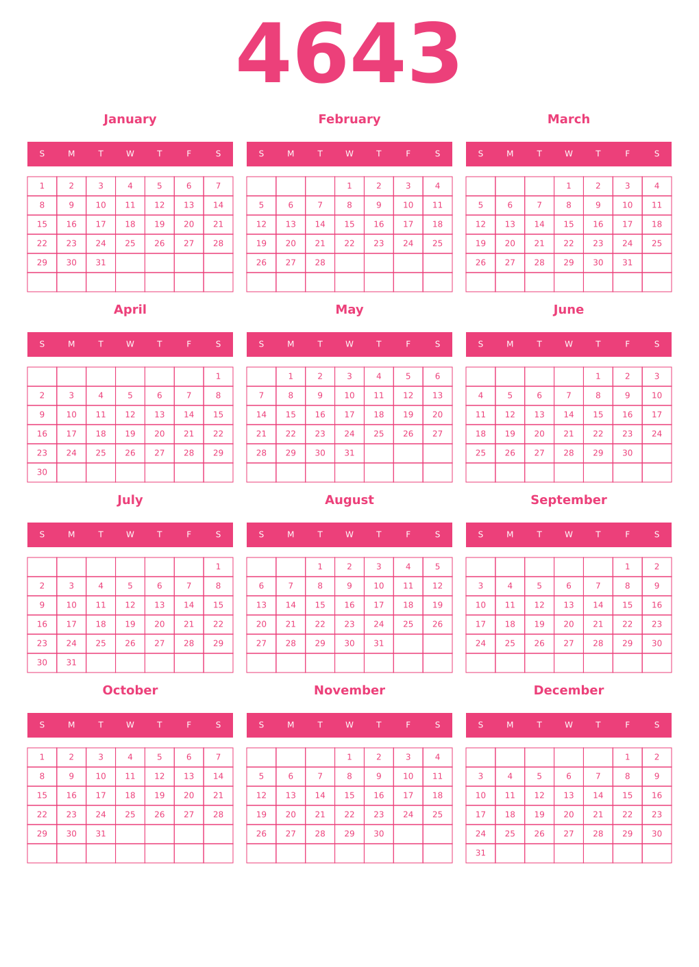 Printable 4643 Year Calendars pink