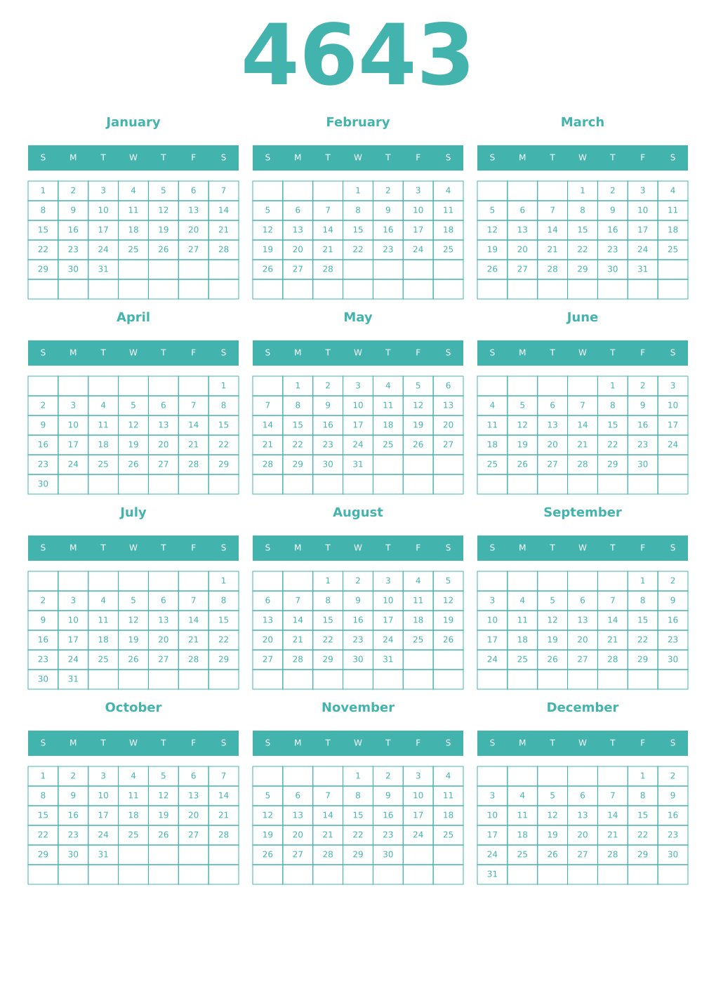 Printable 4643 Year Calendars verdigris
