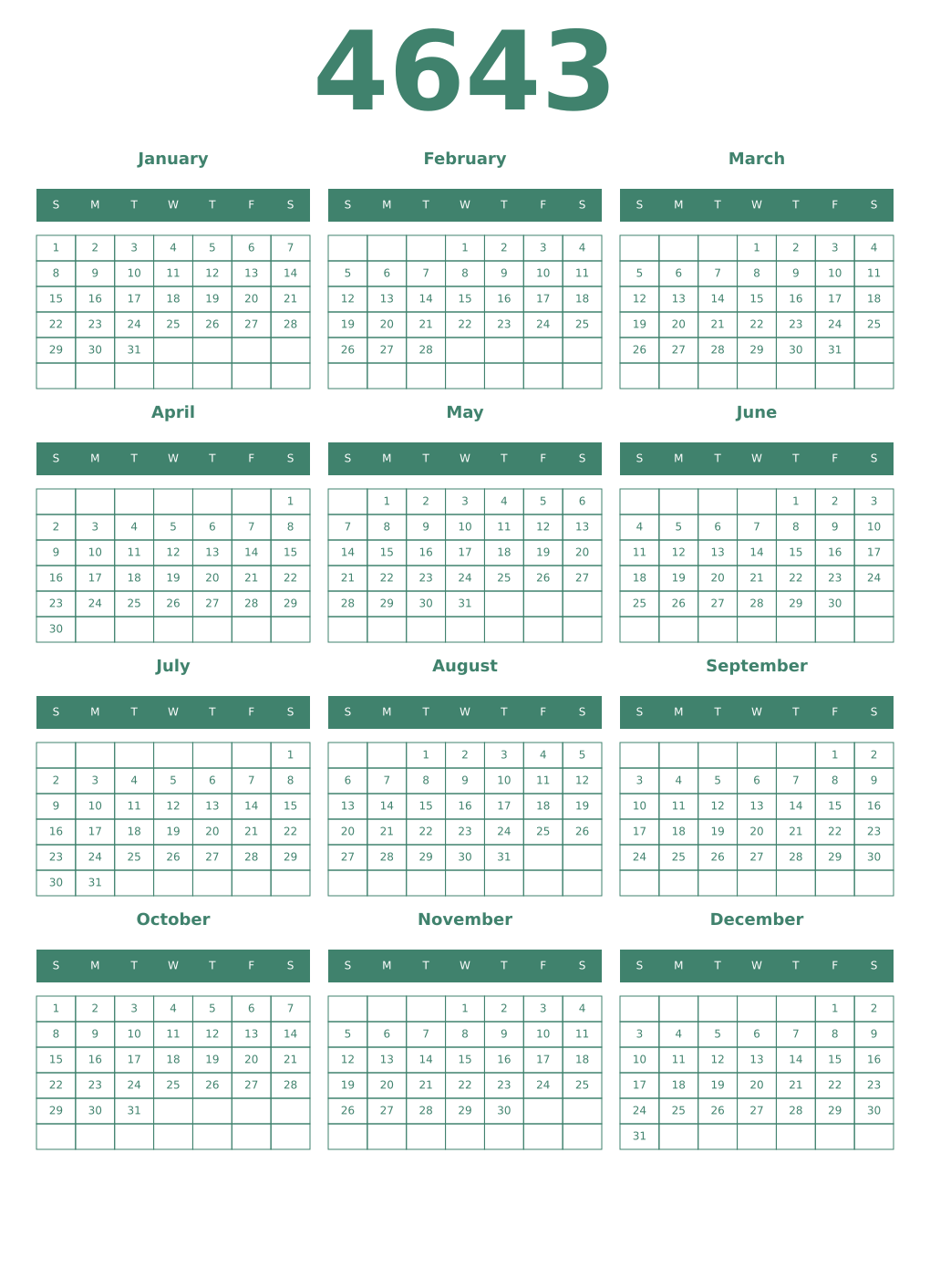 Printable 4643 Year Calendars viridian
