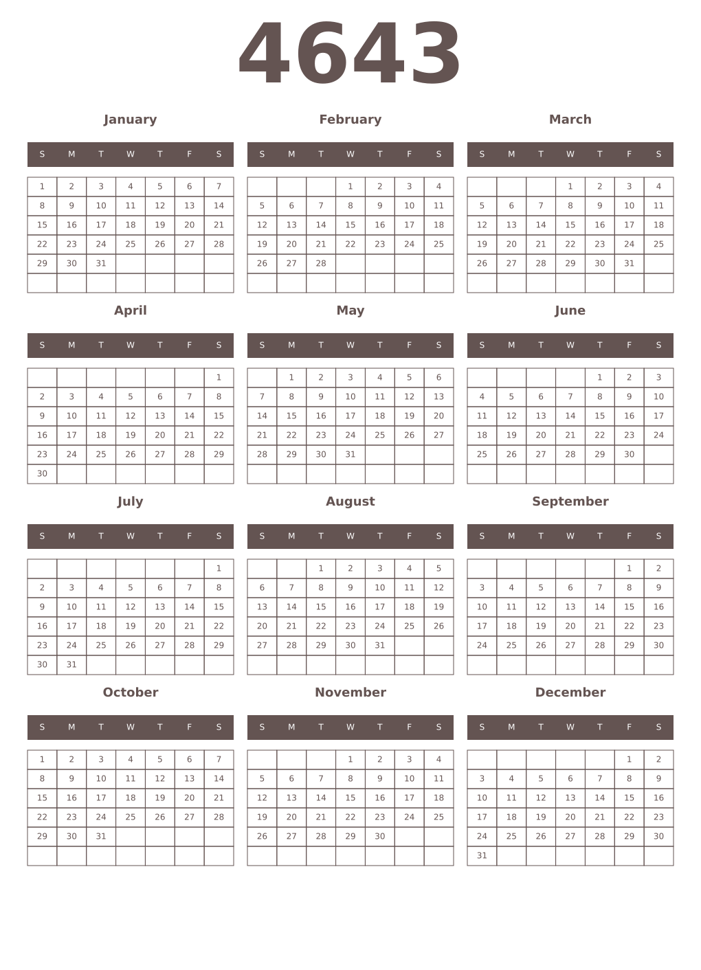 Printable 4643 Year Calendars wenge