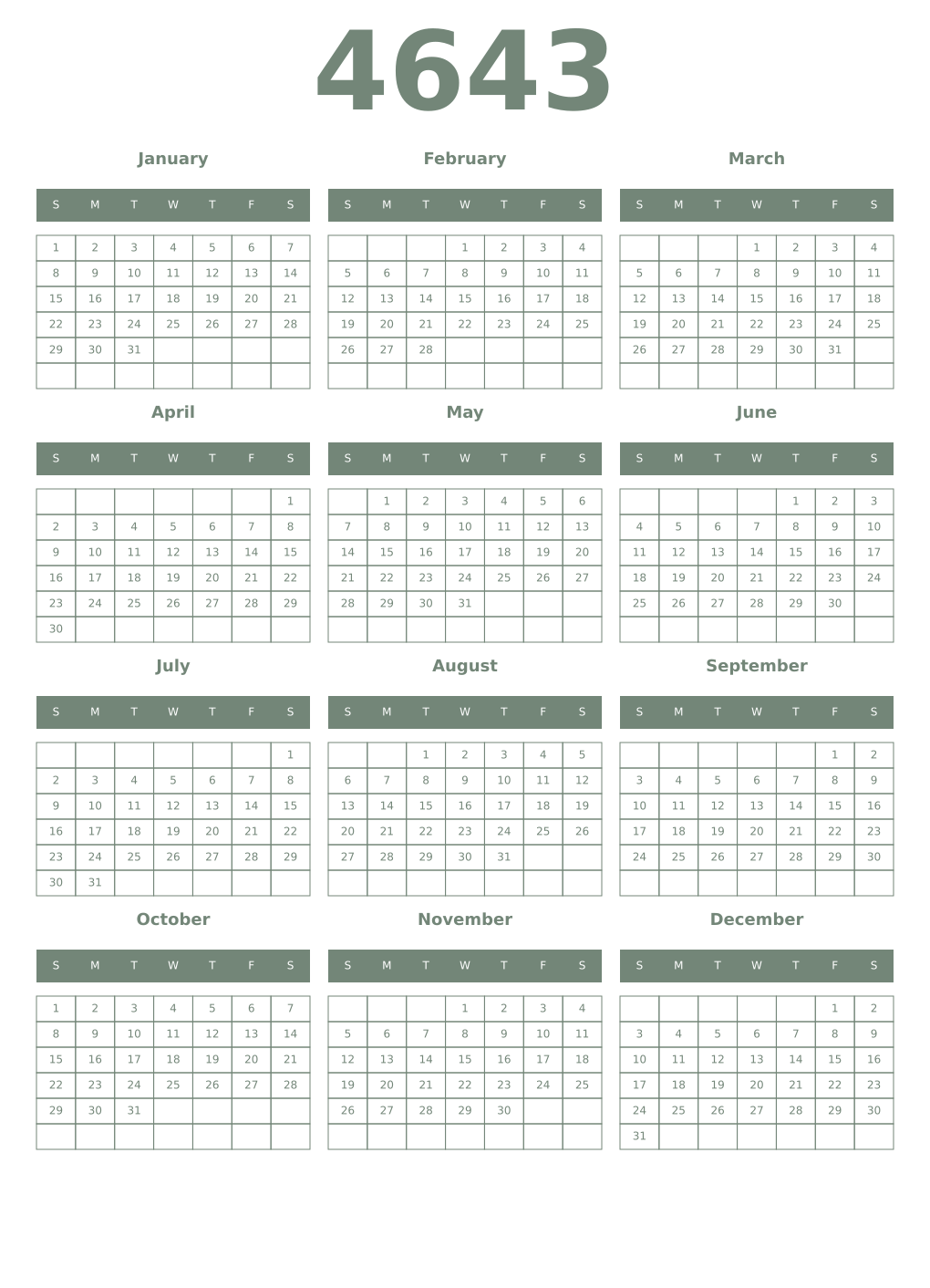Printable 4643 Year Calendars xanadu