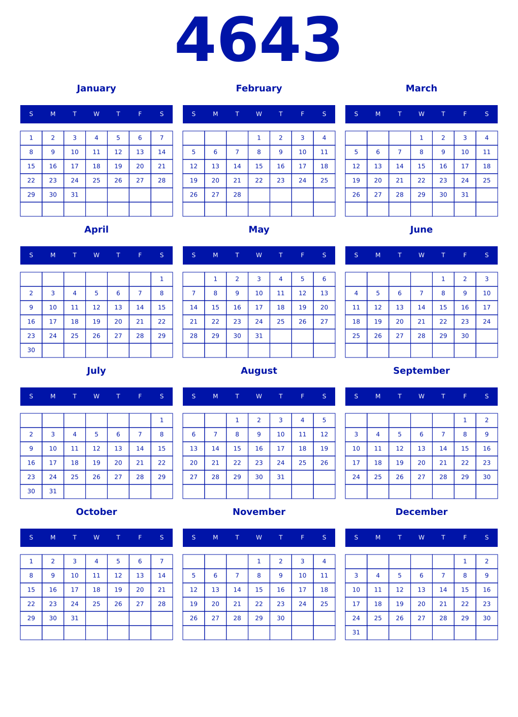 Printable 4643 Year Calendars zaffre
