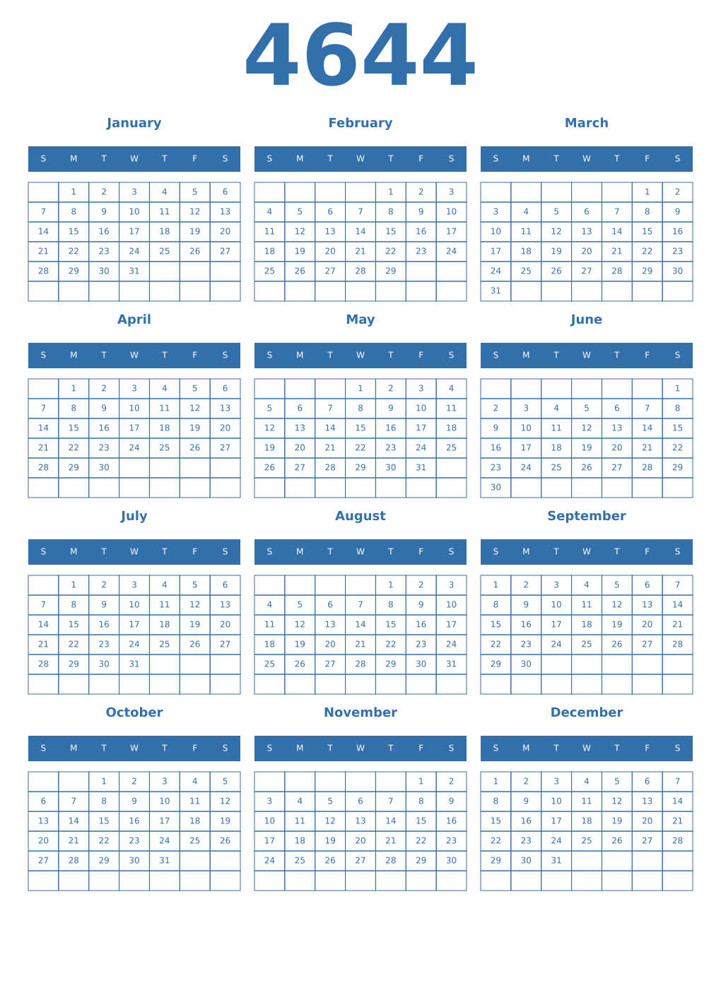 Printable 4644 Year Calendars blue