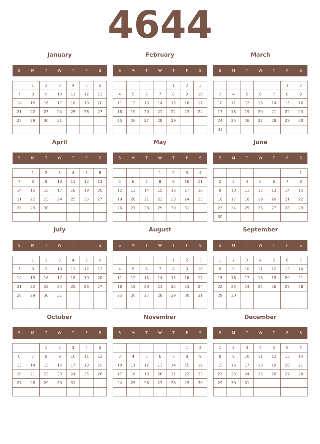 Printable 4644 Year Calendars coffe