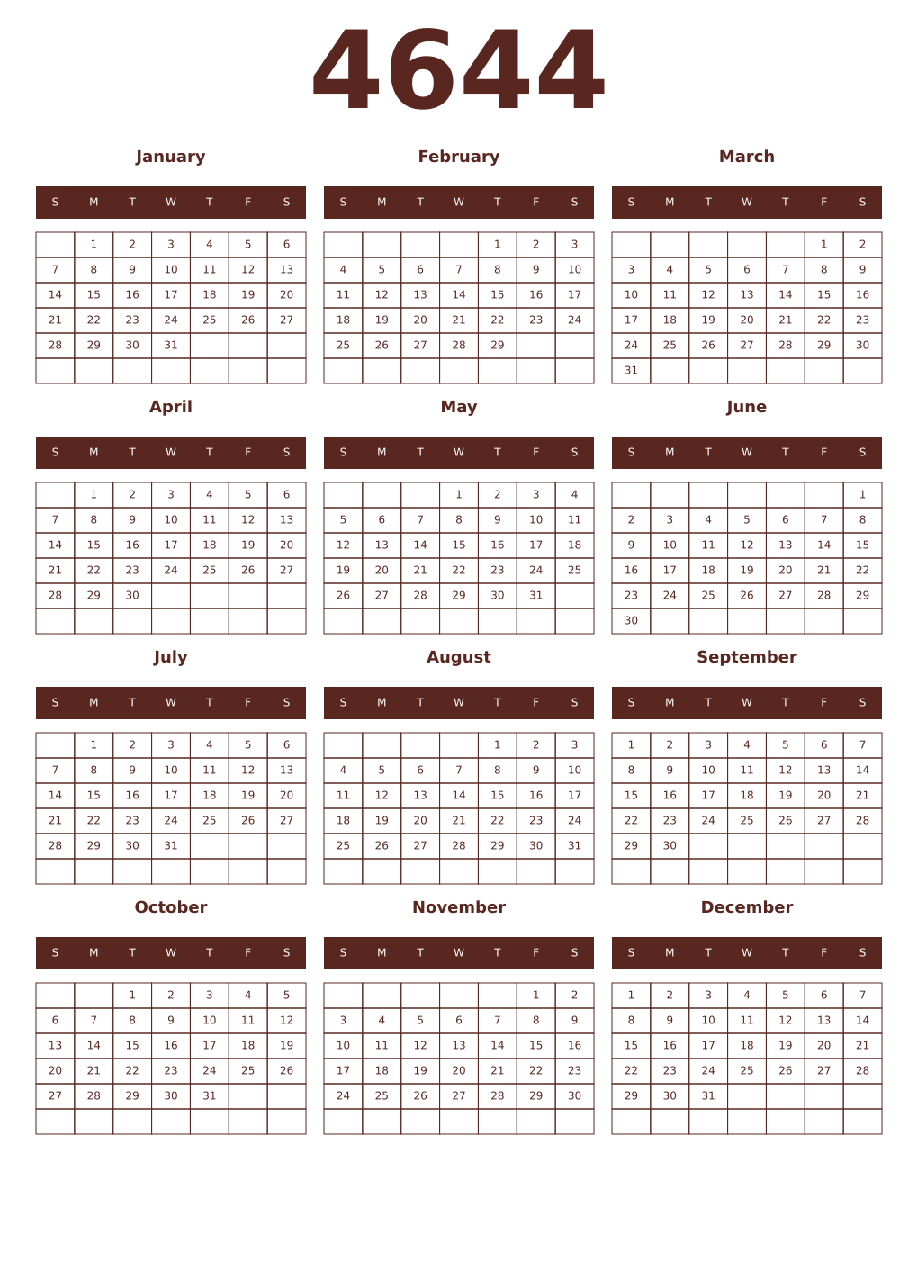 Printable 4644 Year Calendars mortuum