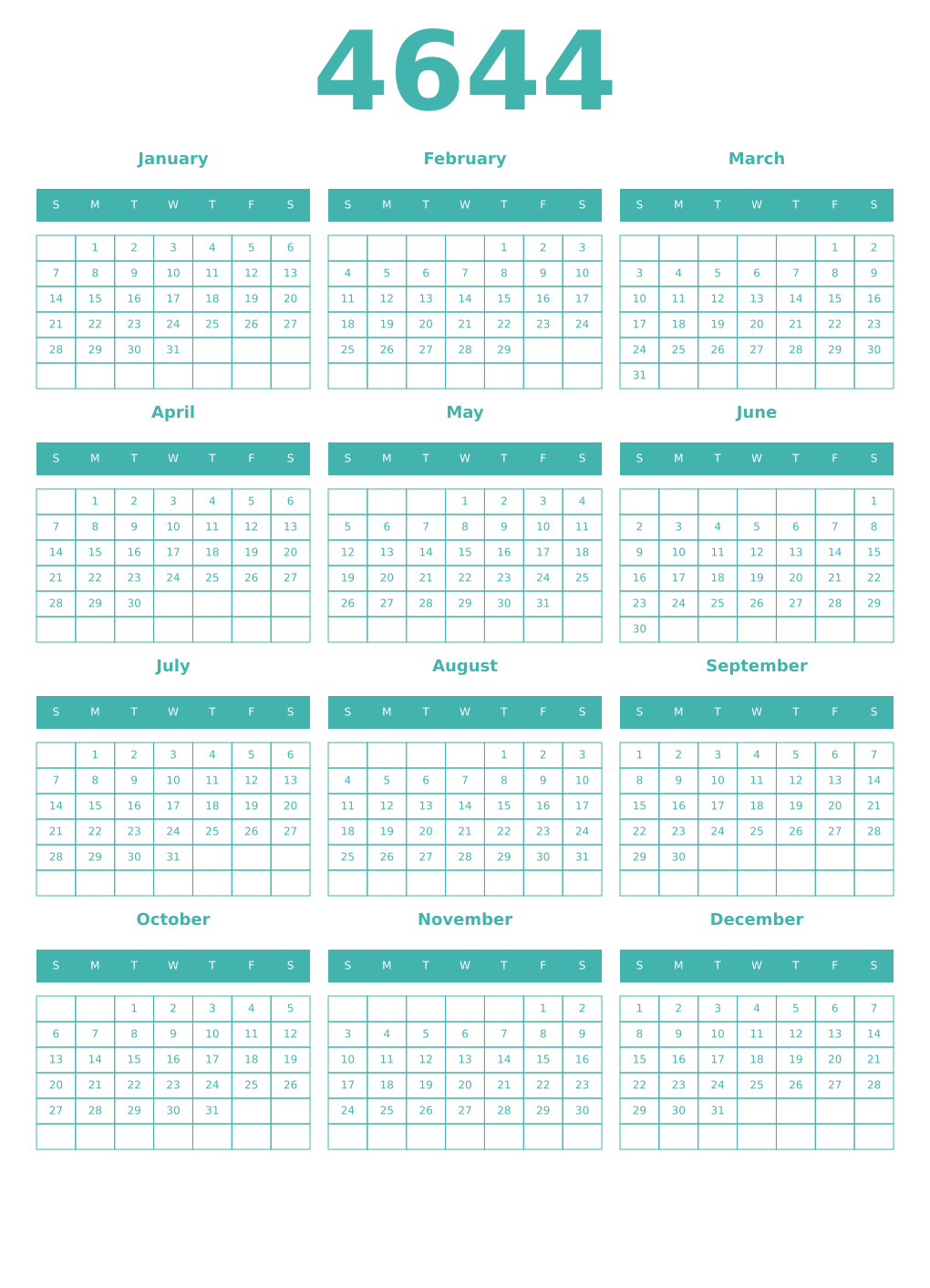 Printable 4644 Year Calendars verdigris