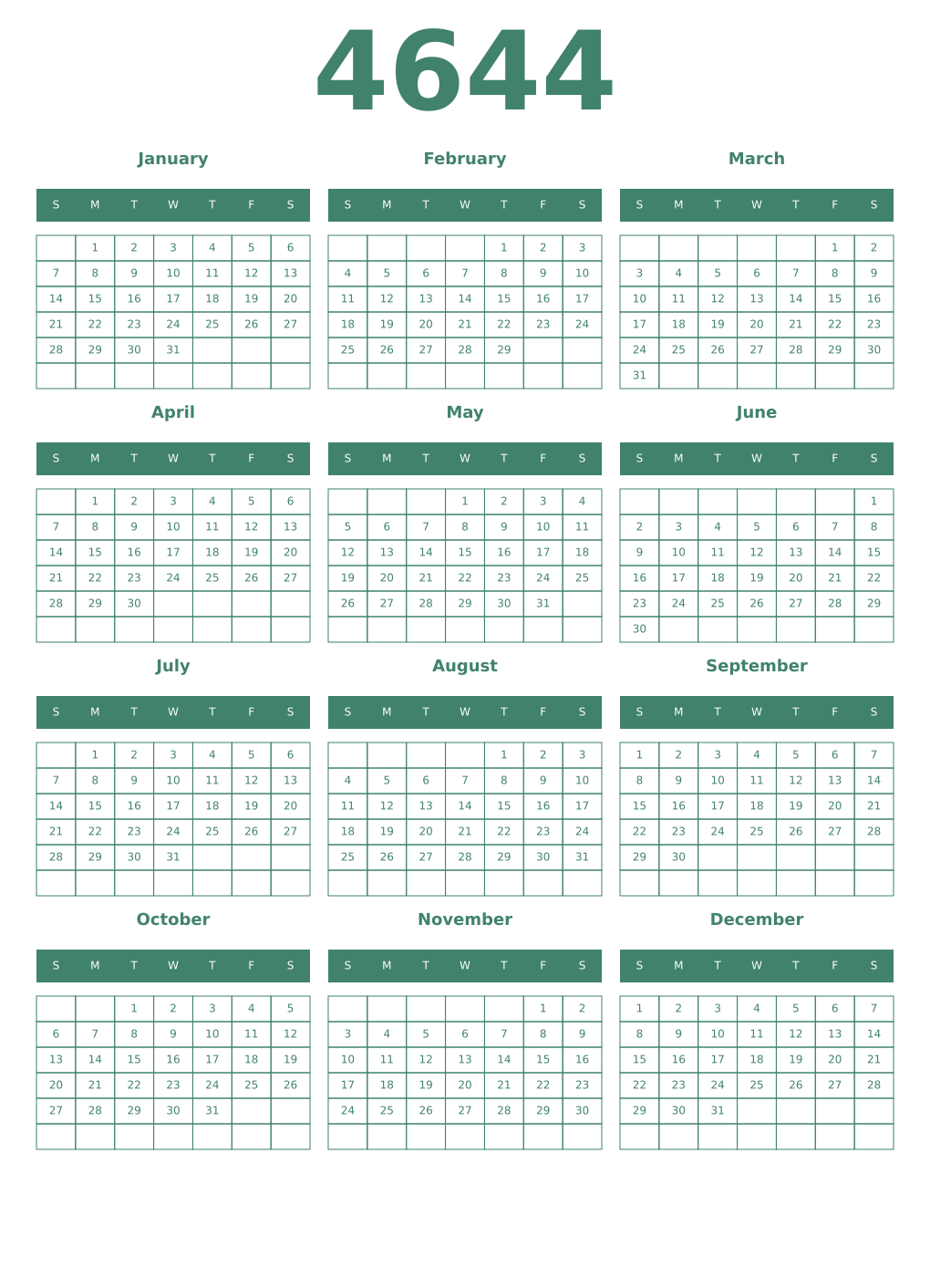 Printable 4644 Year Calendars viridian