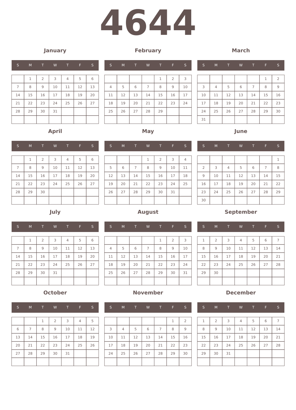 Printable 4644 Year Calendars wenge
