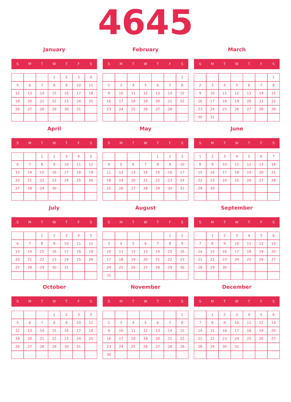 Printable 4645 Year Calendars amaranth