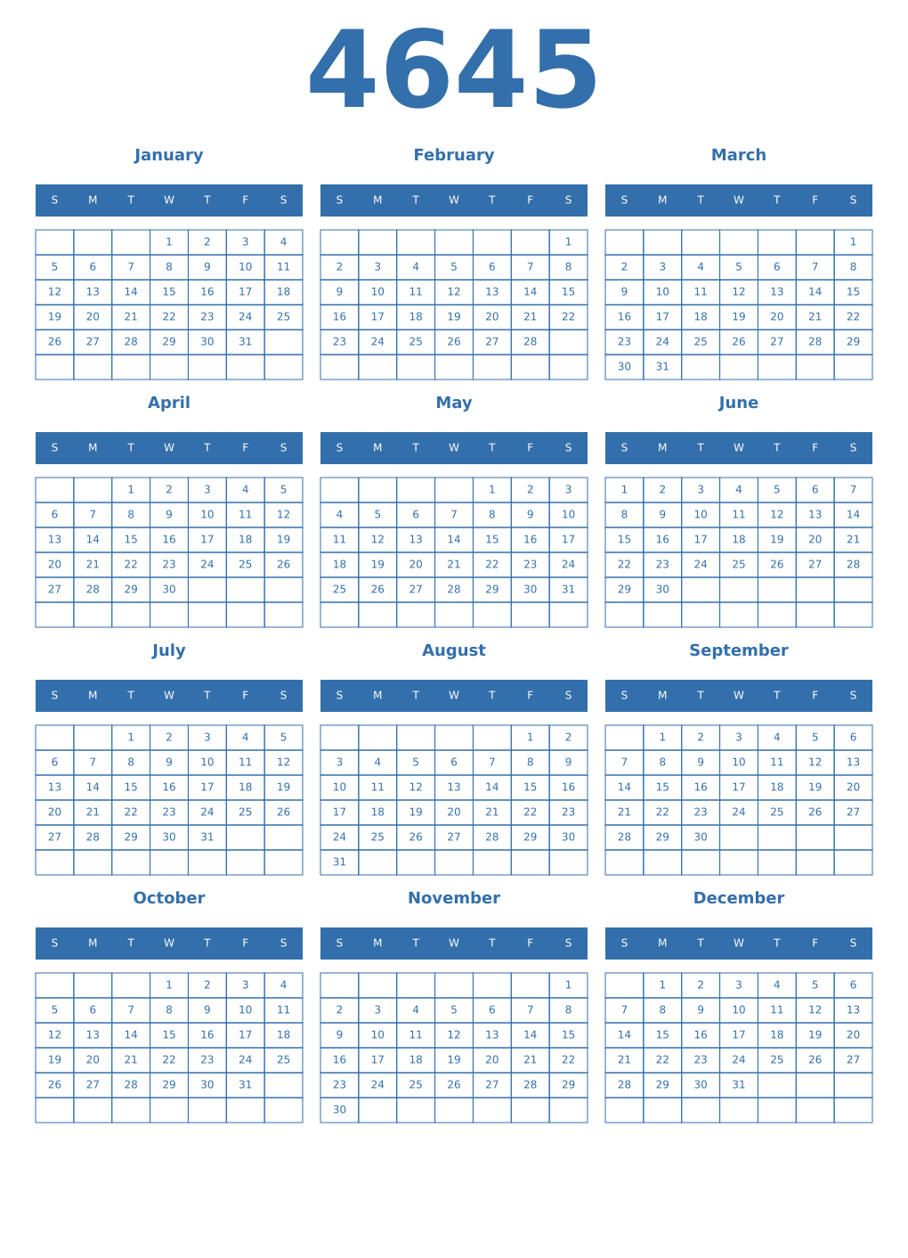 Printable 4645 Year Calendars blue