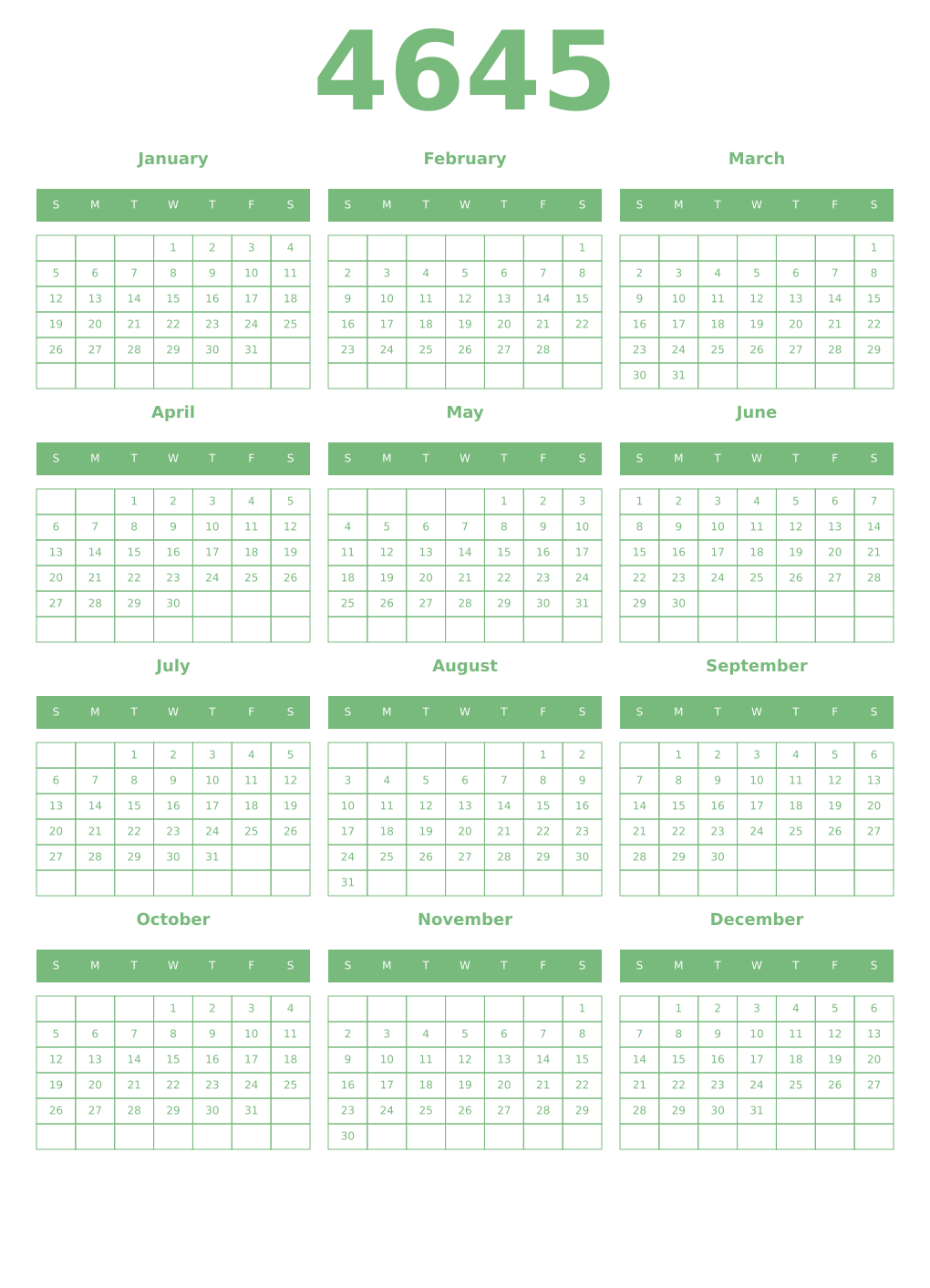 Printable 4645 Year Calendars celadon