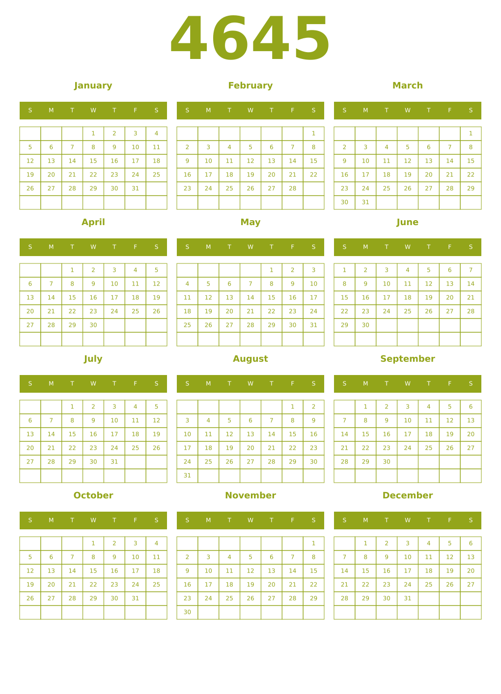 Printable 4645 Year Calendars chartreuse