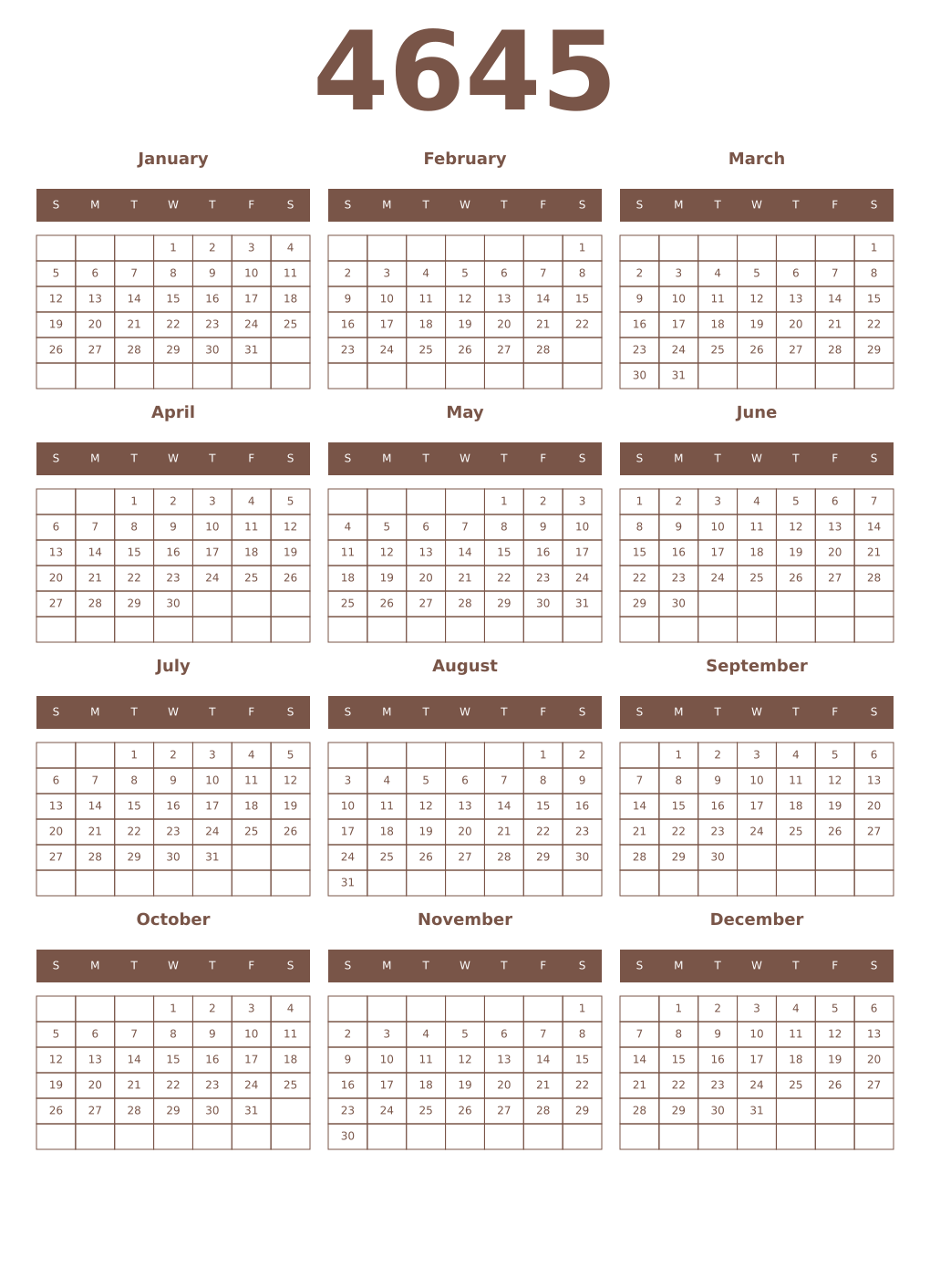 Printable 4645 Year Calendars coffe