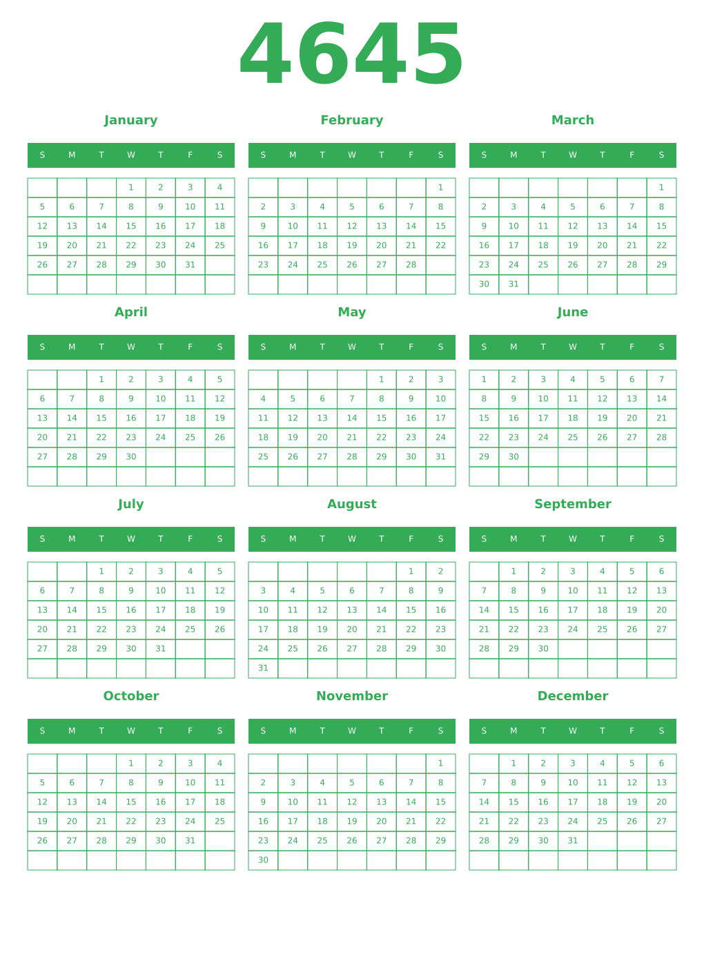 Printable 4645 Year Calendars green