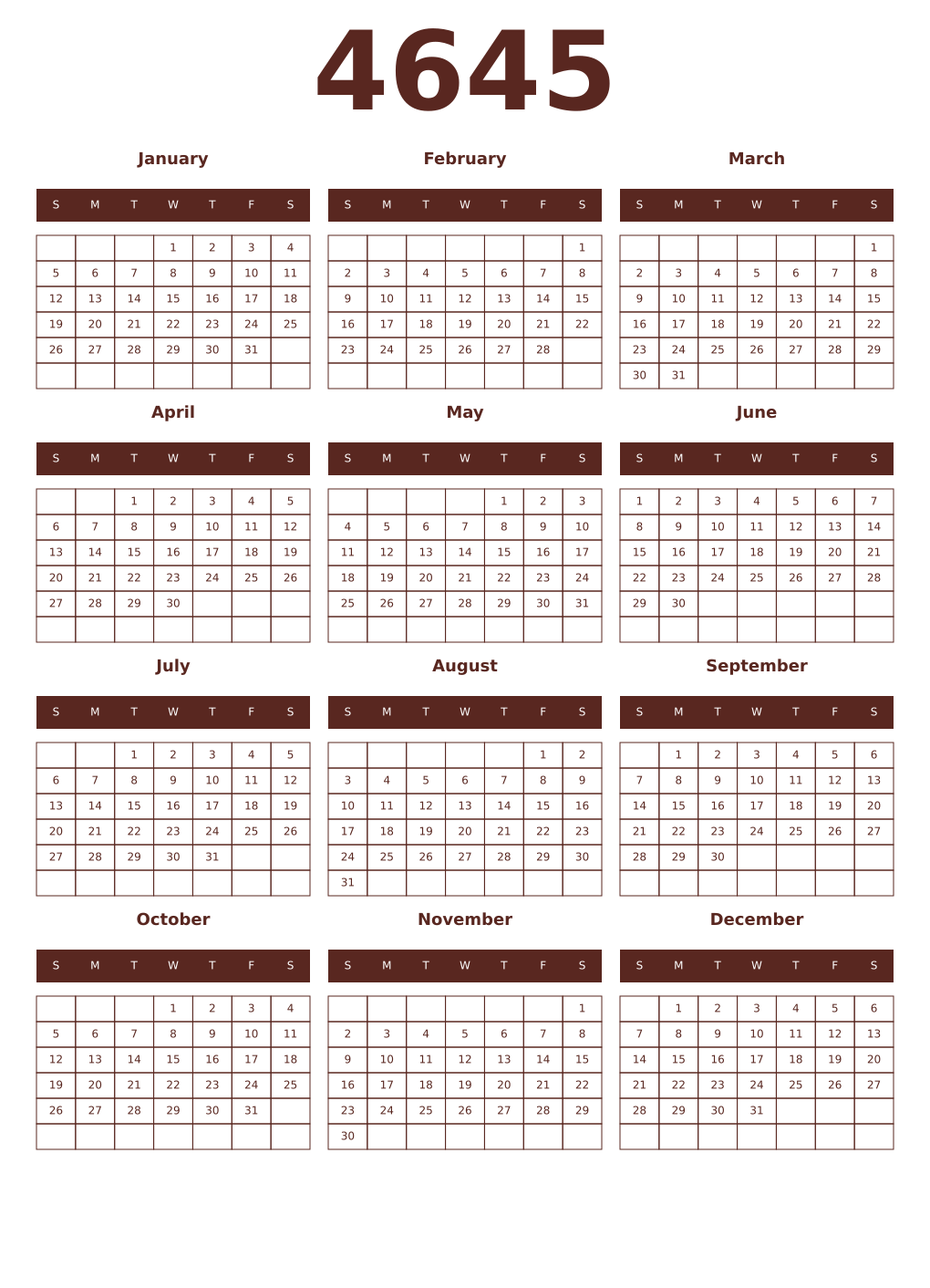 Printable 4645 Year Calendars mortuum