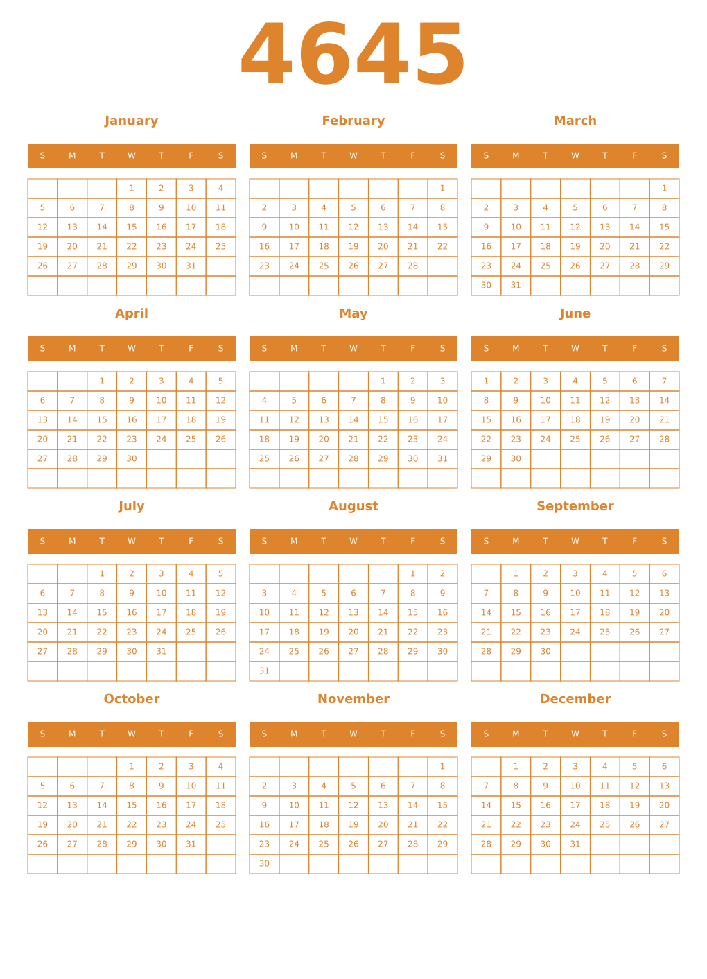 Printable 4645 Year Calendars orange