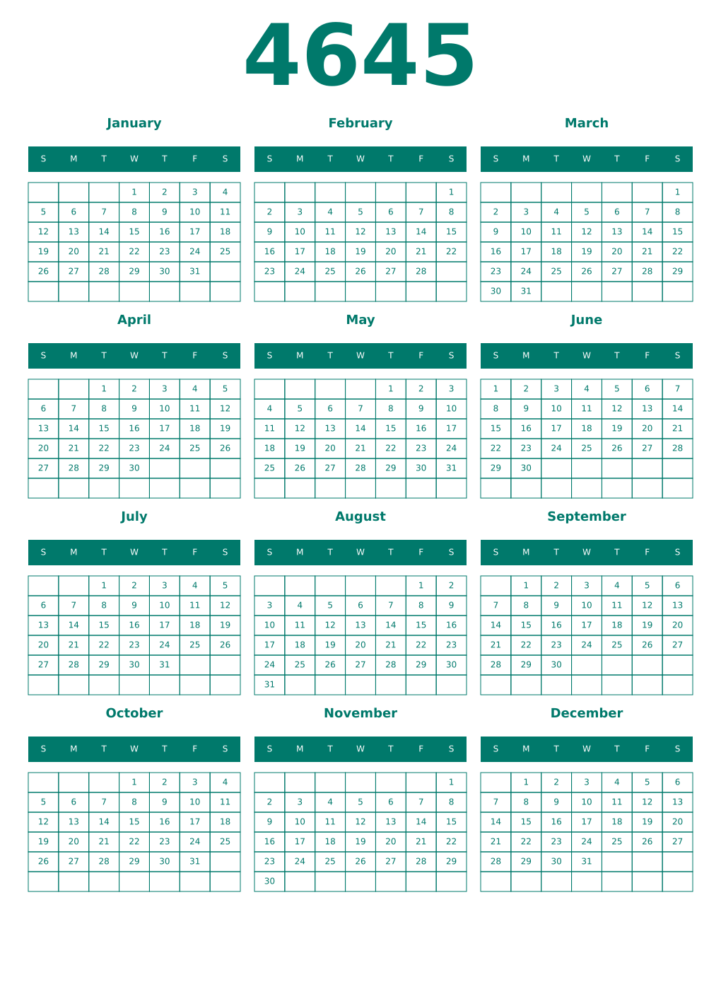 Printable 4645 Year Calendars pastel