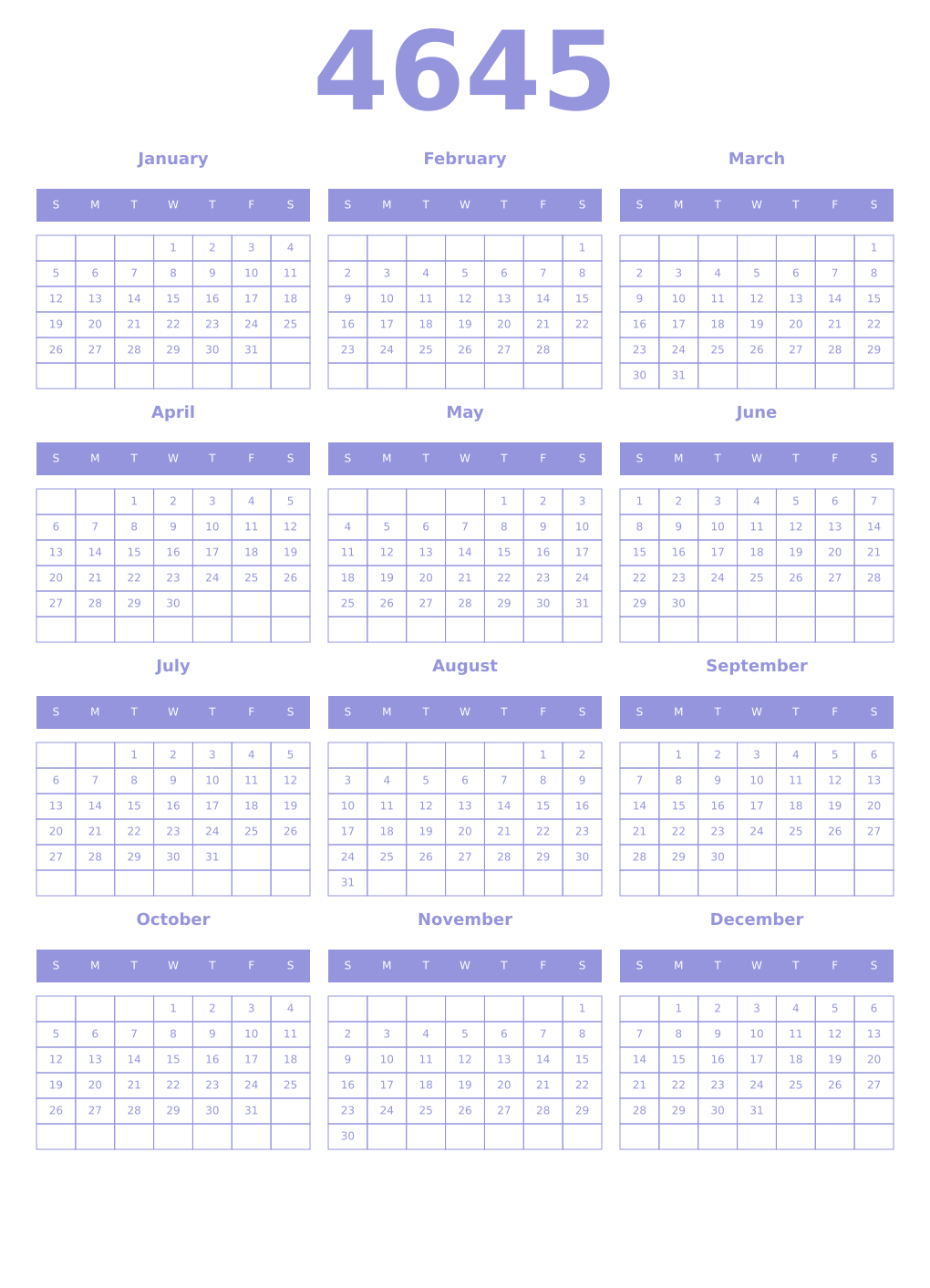 Printable 4645 Year Calendars periwinkle
