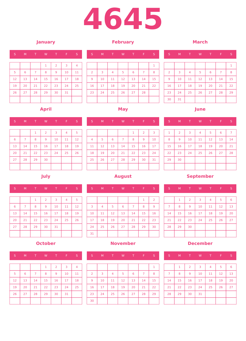 Printable 4645 Year Calendars pink