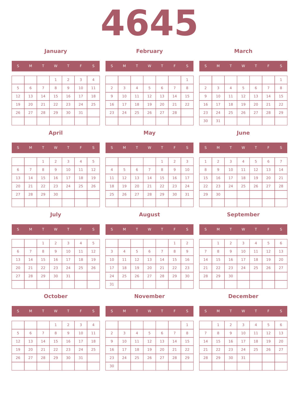 Printable 4645 Year Calendars puce