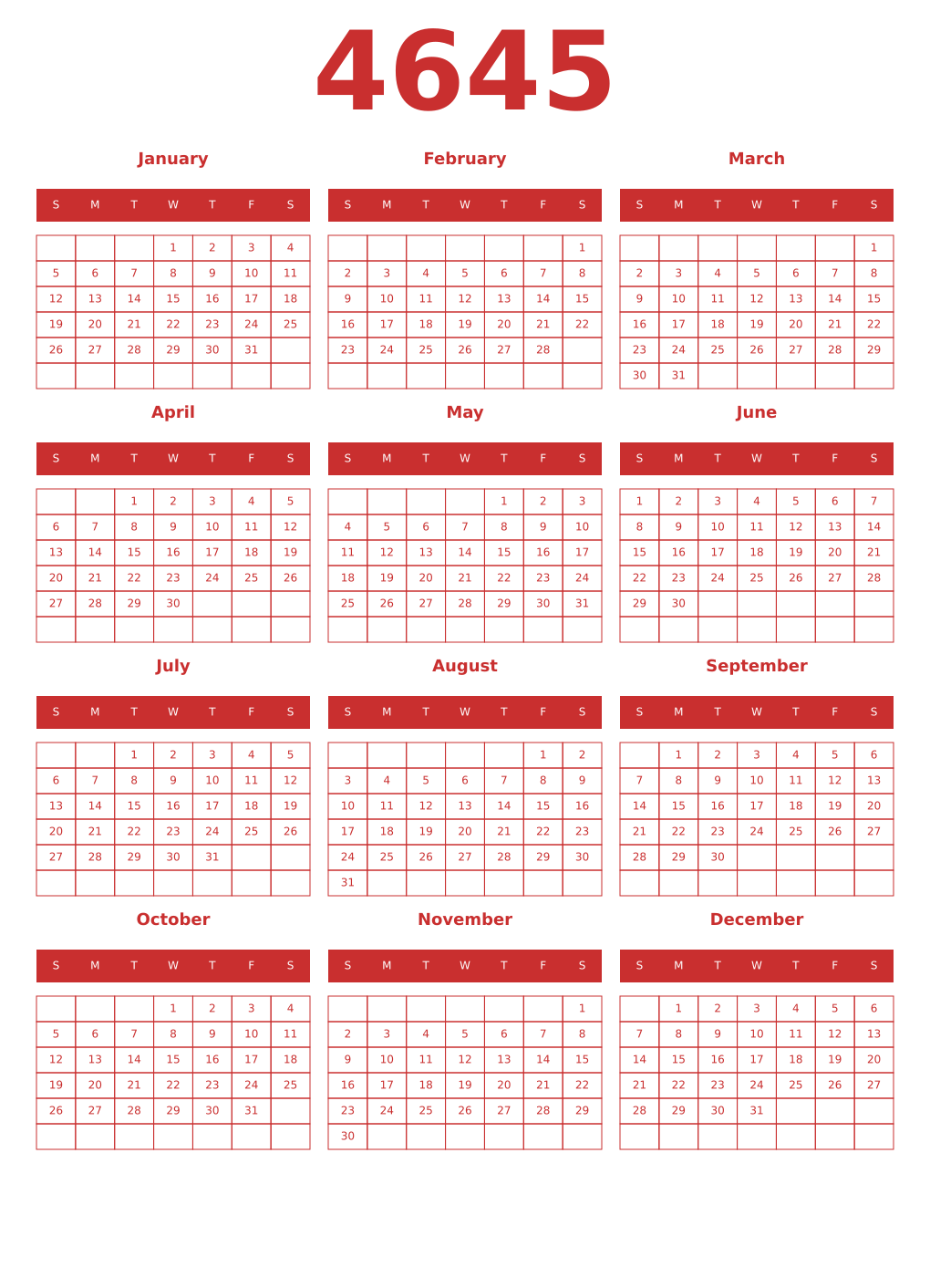 Printable 4645 Year Calendars red