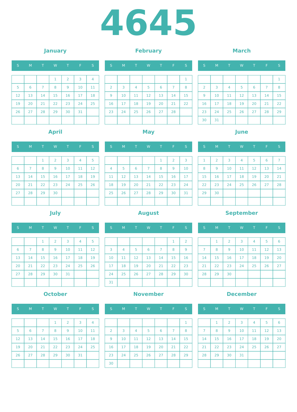 Printable 4645 Year Calendars verdigris