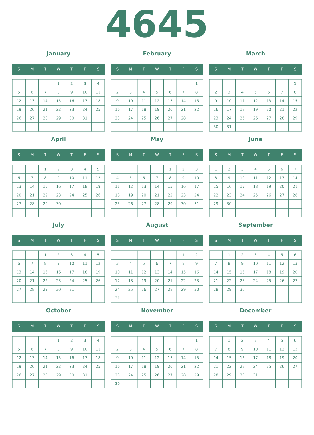 Printable 4645 Year Calendars viridian
