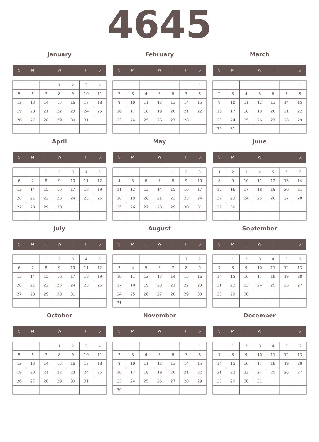 Printable 4645 Year Calendars wenge