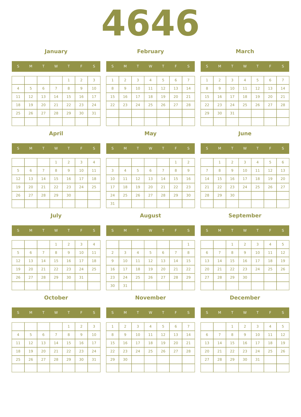 Printable 4646 Year Calendars eburnean