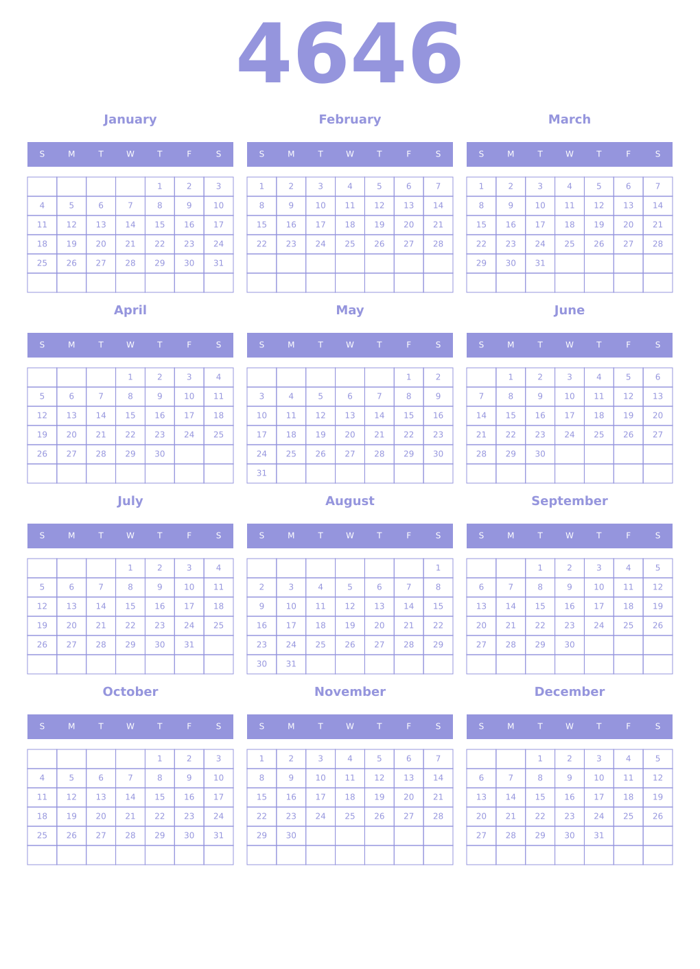 Printable 4646 Year Calendars periwinkle
