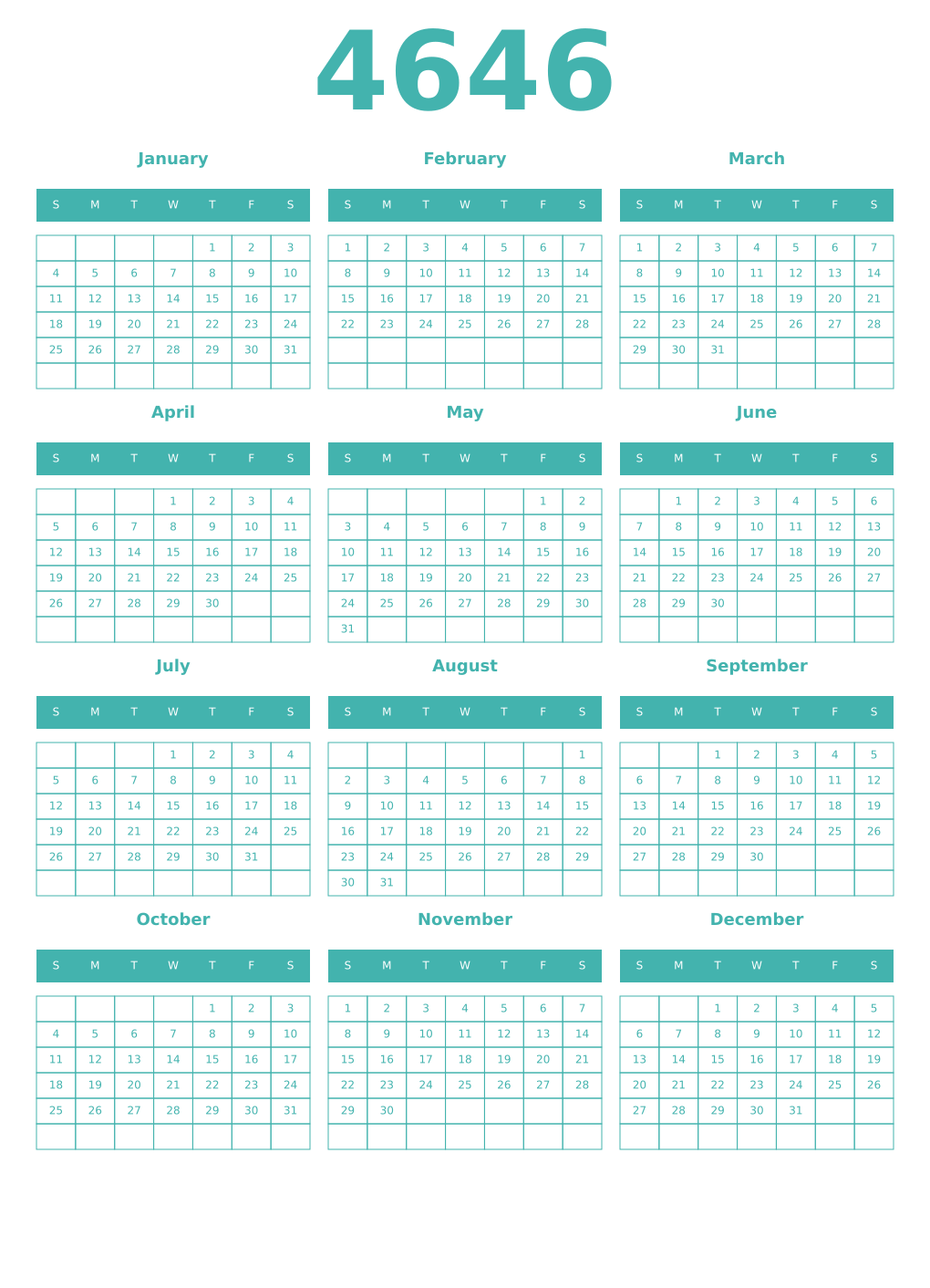 Printable 4646 Year Calendars verdigris