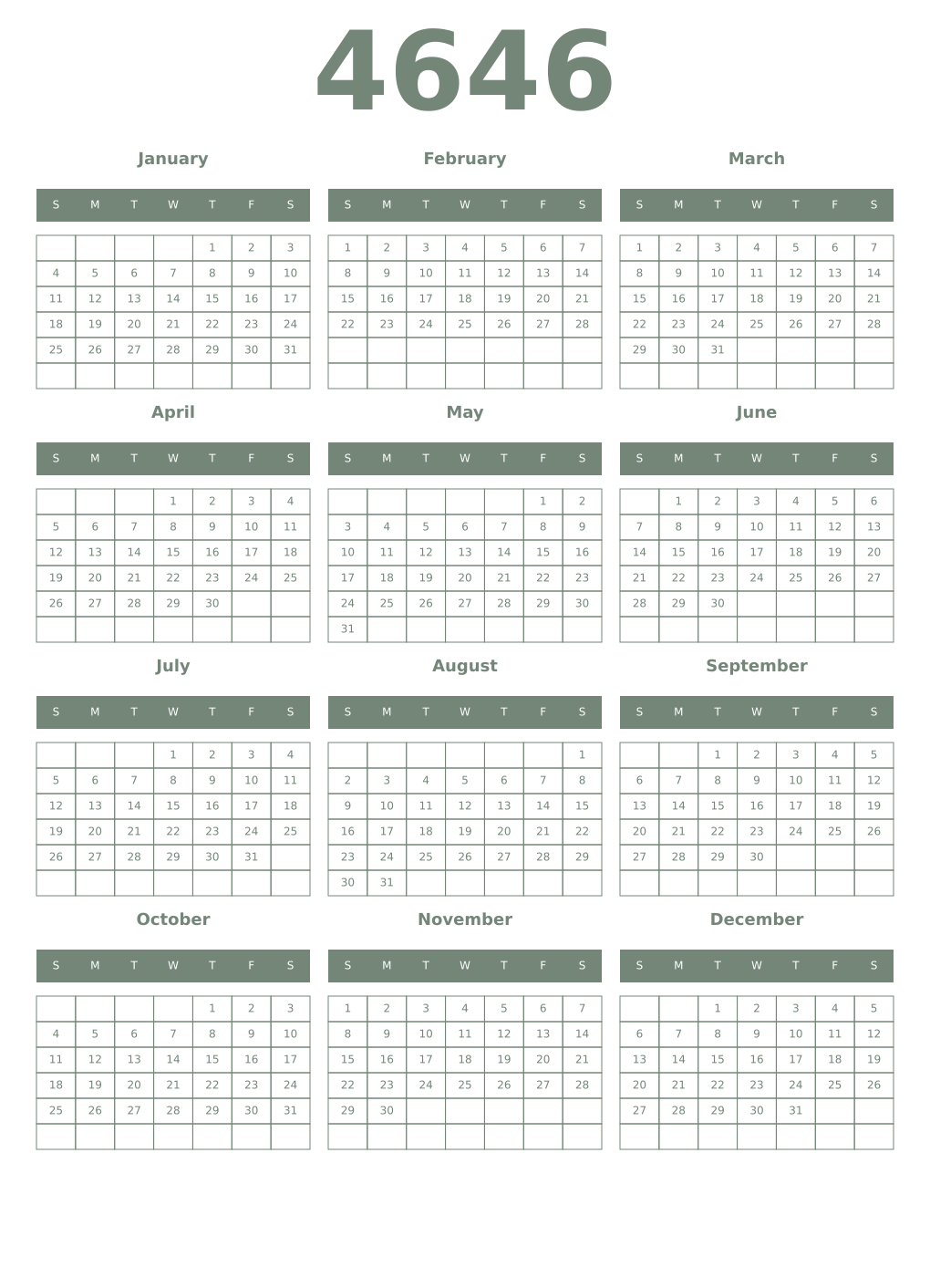 Printable 4646 Year Calendars xanadu