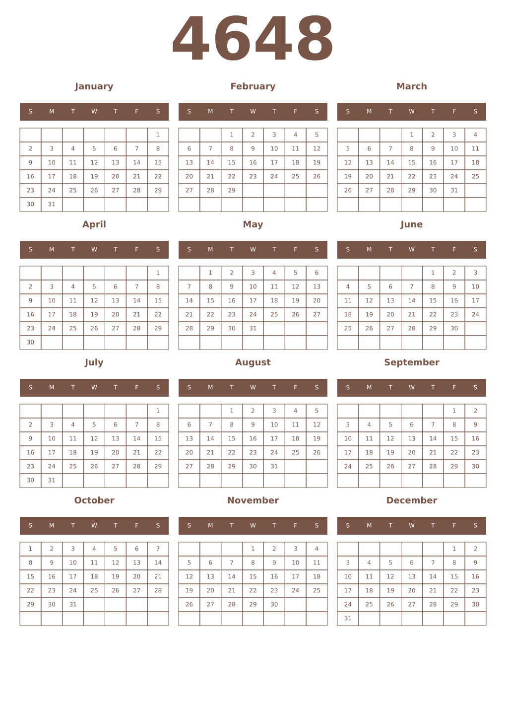 Printable 4648 Year Calendars coffe