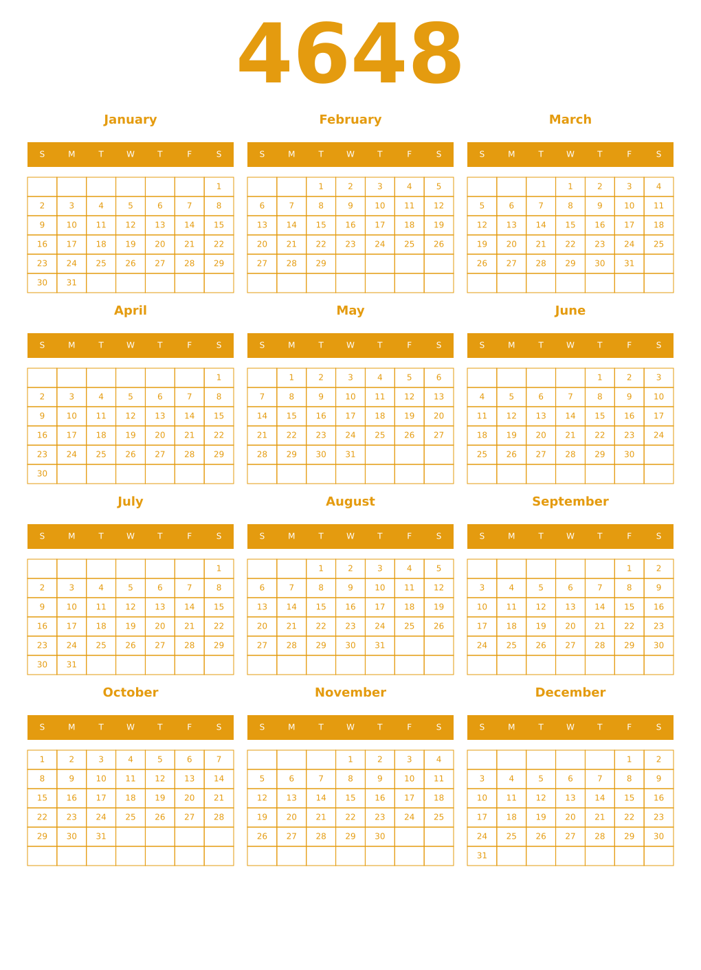 Printable 4648 Year Calendars gamboge