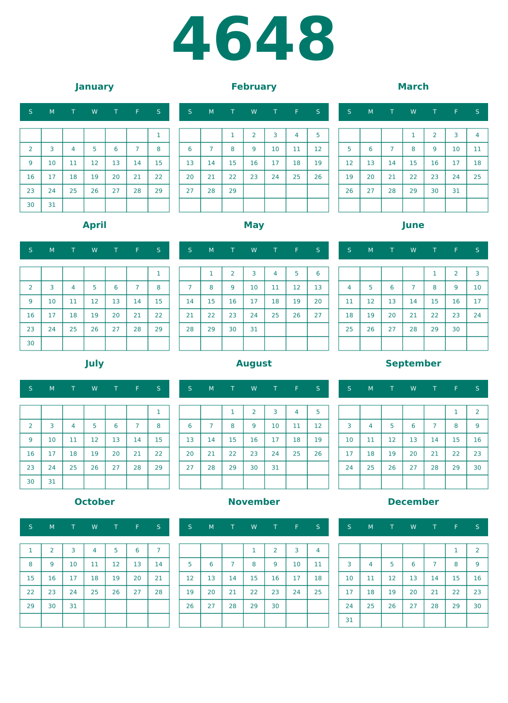 Printable 4648 Year Calendars pastel
