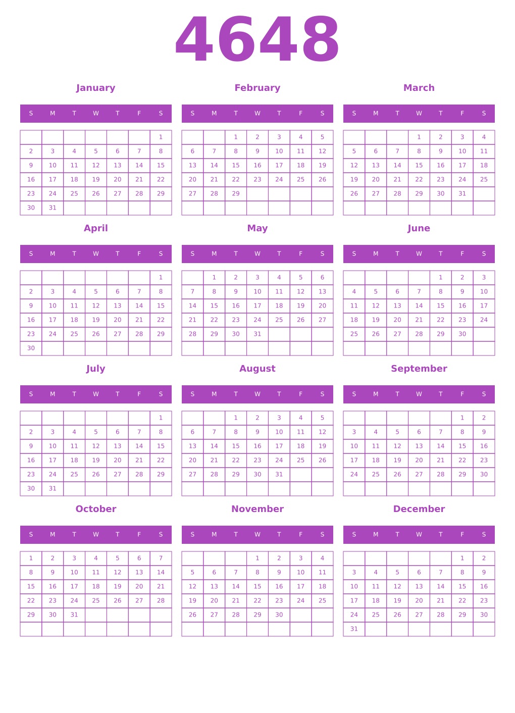 Printable 4648 Year Calendars purple